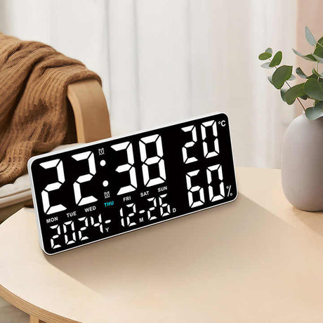 Black Background With White Light Sleek Large LED Digital Wall & Desk Clock - Remote Control, Temperature, Humidity, Dual Alarms, Calendar