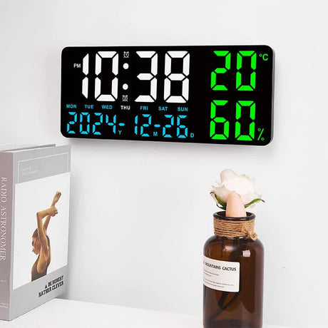 Black Background With Blue and White Light Sleek Large LED Digital Wall & Desk Clock - Remote Control, Temperature, Humidity, Dual Alarms, Calendar