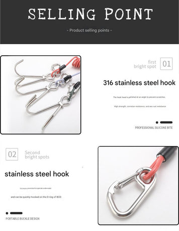 Blue Pro 316 Stainless Steel Diving Reef Hook - Single, Double Combo Pack - Current Hook with Coiled Safety Lanyard