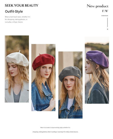 White Elegant Wool Beret - Classic Warm Thick British Style Hat for Autumn & Winter