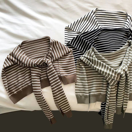 Green Chic Striped Knit Tie-Front Shawl - Lightweight Versatile Layering Capelet for Women