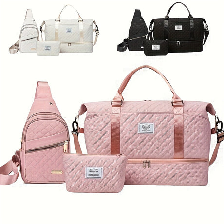 White Chic 3-Piece Quilted Travel Bag Set - Duffel, Crossbody Sling & Toiletry Pouch - Large Capacity & Lightweight