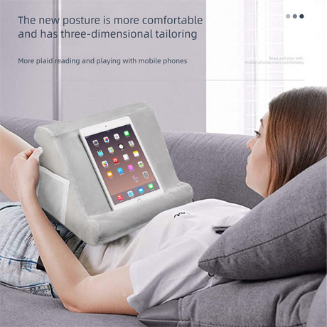 Grey Soft Multi-Angle Tablet Pillow Stand - Comfy Reading & Viewing Holder for iPads, Books, eReaders