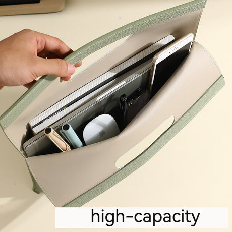 Khaki Professional A4 PU Leather Document Bag - Waterproof Handheld File Folder Portfolio for Business & Conference