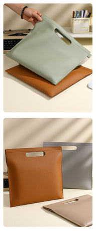 Khaki Professional A4 PU Leather Document Bag - Waterproof Handheld File Folder Portfolio for Business & Conference