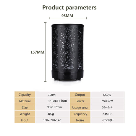 Black Forest Design Iron Essential Oil Diffuser - 7 Color LED Ultrasonic Cool Mist Humidifier 100ml