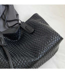 Black Chic Woven PU Leather Tote Bag - Large Capacity Casual Shoulder & Handbag for Women