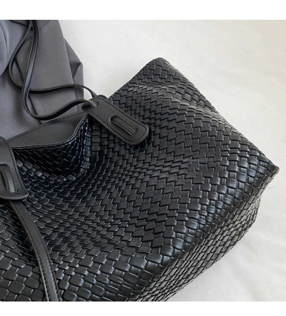 Black Chic Woven PU Leather Tote Bag - Large Capacity Casual Shoulder & Handbag for Women