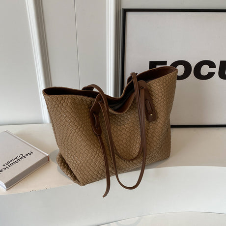 Khaki and Brown Chic Woven PU Leather Tote Bag - Large Capacity Casual Shoulder & Handbag for Women