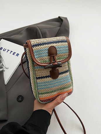 Colorful Boho Chic Woven Straw Crossbody Bag - Colourful Striped Mini Phone Pouch with Toggle Closure