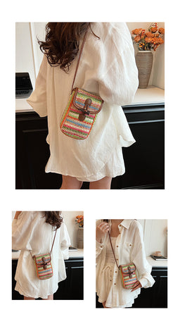Colorful Boho Chic Woven Straw Crossbody Bag - Colourful Striped Mini Phone Pouch with Toggle Closure