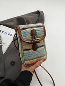 Blue And Khaki Boho Chic Woven Straw Crossbody Bag - Colourful Striped Mini Phone Pouch with Toggle Closure