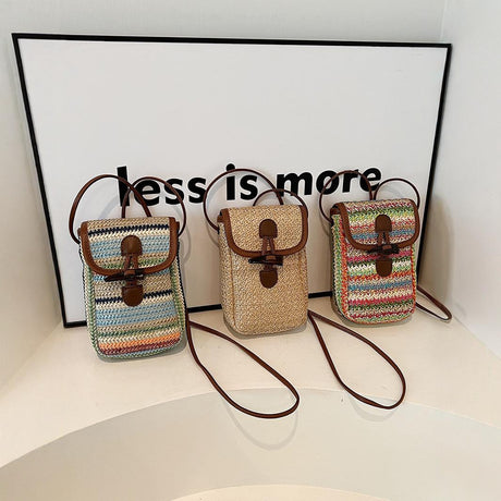 Khaki Boho Chic Woven Straw Crossbody Bag - Colourful Striped Mini Phone Pouch with Toggle Closure