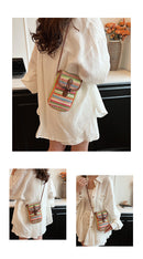 Khaki Boho Chic Woven Straw Crossbody Bag - Colourful Striped Mini Phone Pouch with Toggle Closure