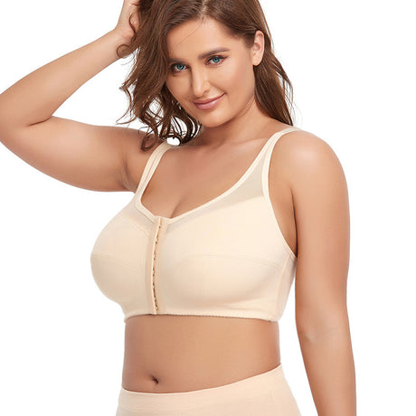 2 Pcs Size 5XL Women's Wireless Large-Cup Lace Bra with Front Clasp - Comfortable, Breathable, Beige