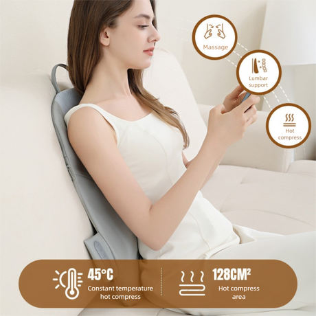 Grey Slim Wireless Shiatsu Back Massager Cushion - Rechargeable Heated Massage Pad for Full Back Relief