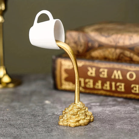 2 Pcs ( 1 Glod Cup and 1 White Cup) Magic Pouring Coffee Cup Sculpture - Unique Resin Tabletop Art Accent