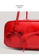 Coffee Chic PU Leather Baguette Shoulder Bag - Elegant Bow Accent Underarm Handbag for Women
