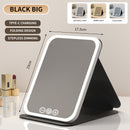 Black Large Foldable LED Makeup Mirror - Portable Desktop Vanity with 3 Color Lights, Stepless Dimming & Adjustable Stand