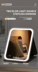 Pink Large Foldable LED Makeup Mirror - Portable Desktop Vanity with 3 Color Lights, Stepless Dimming & Adjustable Stand