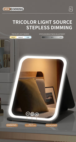 White Small Foldable LED Makeup Mirror - Portable Desktop Vanity with 3 Color Lights, Stepless Dimming & Adjustable Stand