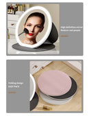 Black Large Round Foldable LED Makeup Mirror - 22cm Desktop Vanity with 3 Color Lights & Stepless Dimming