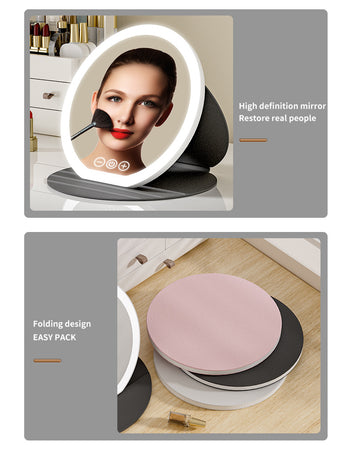 Black Large Round Foldable LED Makeup Mirror - 22cm Desktop Vanity with 3 Color Lights & Stepless Dimming