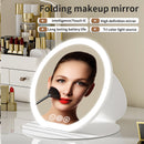 White Small Round Foldable LED Makeup Mirror - 18.5cm Desktop Vanity with 3 Color Lights & Stepless Dimming