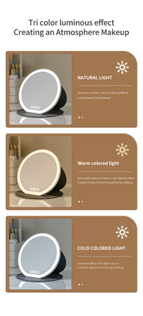White Small Round Foldable LED Makeup Mirror - 18.5cm Desktop Vanity with 3 Color Lights & Stepless Dimming