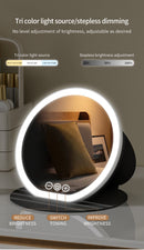 Black Small Round Foldable LED Makeup Mirror - 18.5cm Desktop Vanity with 3 Color Lights & Stepless Dimming