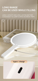 White Round Portable Handheld LED Makeup Mirror - USB-C Rechargeable with 3 Color Light Modes for On-The-Go Touch-Ups