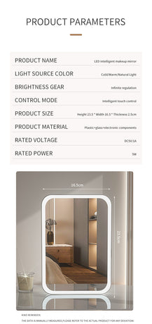White Professional LED Vanity Mirror - 3 Color Lights, Stepless Dimming & Adjustable Rotating Stand, USB-C Rechargeable
