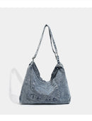 Blue Retro Washed Denim Hobo Bag - Large Capacity Shoulder & Crossbody Tote for Casual Everyday & Commute