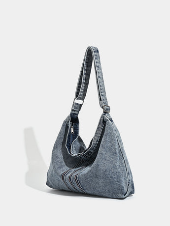 Grey Retro Washed Denim Hobo Bag - Large Capacity Shoulder & Crossbody Tote for Casual Everyday & Commute