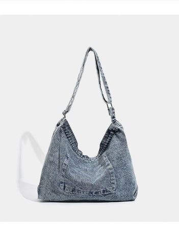 Grey Retro Washed Denim Hobo Bag - Large Capacity Shoulder & Crossbody Tote for Casual Everyday & Commute