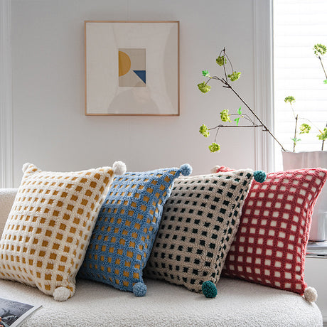 Beige and Green 3D Checkered Cushion Cover with Pom Poms - Soft Decorative Pillow Case for Sofa & Living Room (45x45cm, Cover Only)