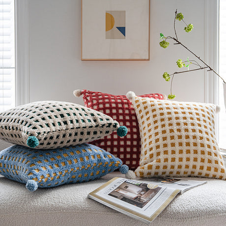 Beige and Yellow 3D Checkered Cushion Cover with Pom Poms - Soft Decorative Pillow Case for Sofa & Living Room (45x45cm, Cover Only)