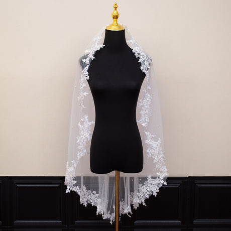White Elegant Long Bridal Veil with Pearl Accents & Lace Edge - Includes Metal Comb