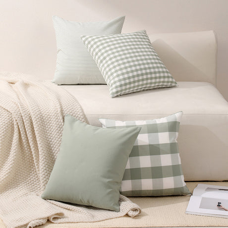 Green Big Plaid Pattern Set of 2 Decorative Cushion Covers - 45x45cm, Soft Polyester (Inserts Not Included)