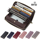 Black Premium Genuine Leather RFID Blocking Long Wallet - Unisex Multi-Card Organizer Clutch with Zip-Around Closure