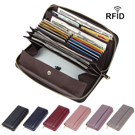 Dark Blue Premium Genuine Leather RFID Blocking Long Wallet - Unisex Multi-Card Organizer Clutch with Zip-Around Closure