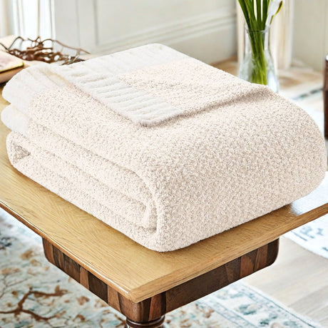 Beige and White Plush Chenille-Knit Throw Blanket - Soft Cozy Polyester for Bed & Sofa | Textured Two-Tone Design (127x153cm)