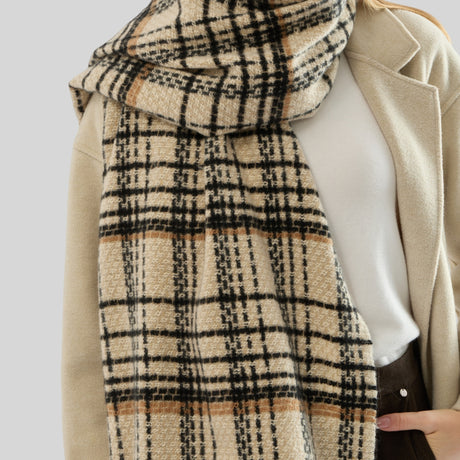 Black Chic Plaid Winter Scarf - Large Soft Polyester Shawl Wrap with Tassels, Korean Inspired Fashion