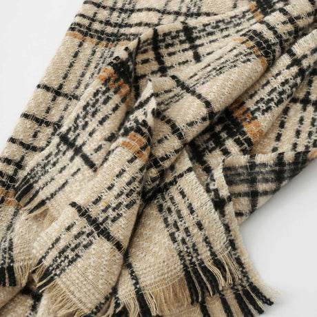 Beige Chic Plaid Winter Scarf - Large Soft Polyester Shawl Wrap with Tassels, Korean Inspired Fashion