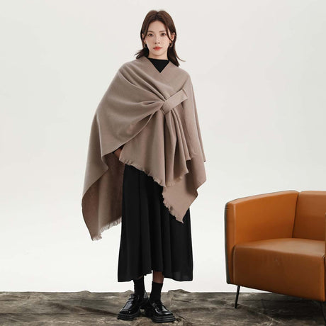 Pink Elegant Soft Knit Poncho Cape - Warm Autumn Winter Shawl Wrap with Side Tie, Thick & Luxurious Feel