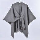 Grey Elegant Soft Knit Poncho Cape - Warm Autumn Winter Shawl Wrap with Side Tie, Thick & Luxurious Feel
