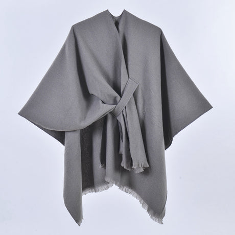 Grey Elegant Soft Knit Poncho Cape - Warm Autumn Winter Shawl Wrap with Side Tie, Thick & Luxurious Feel