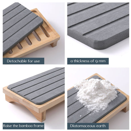 White Natural Diatomaceous Earth Absorbent Drying Tray with Bamboo Base - Quick-Dry Stone Mat for Kitchen & Bathroom Sink