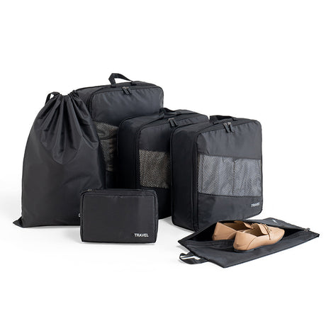 Black Premium 6-Piece Compression Packing Cubes Set - Lightweight Polyester Travel Organizers for Luggage, Includes Shoe Bag & Toiletry Pouch