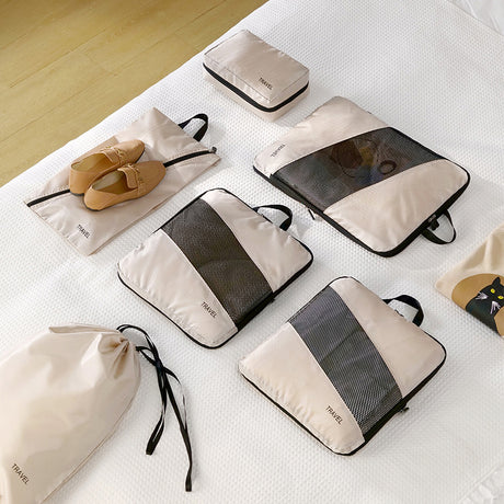 Beige and Black Premium 6-Piece Compression Packing Cubes Set - Lightweight Polyester Travel Organizers for Luggage, Includes Shoe Bag & Toiletry Pouch